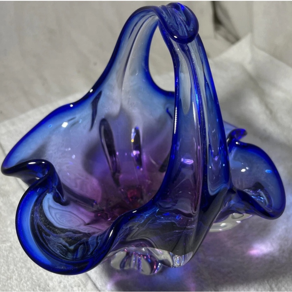 Murano Art Glass Cobalt Blue Emerald Purple Basket w Handle 1970s Italy Vintage